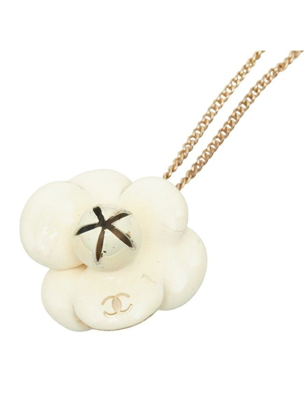 Chanel CC Logo Camellia Flower Motif Necklace Gold Ivory Plated
